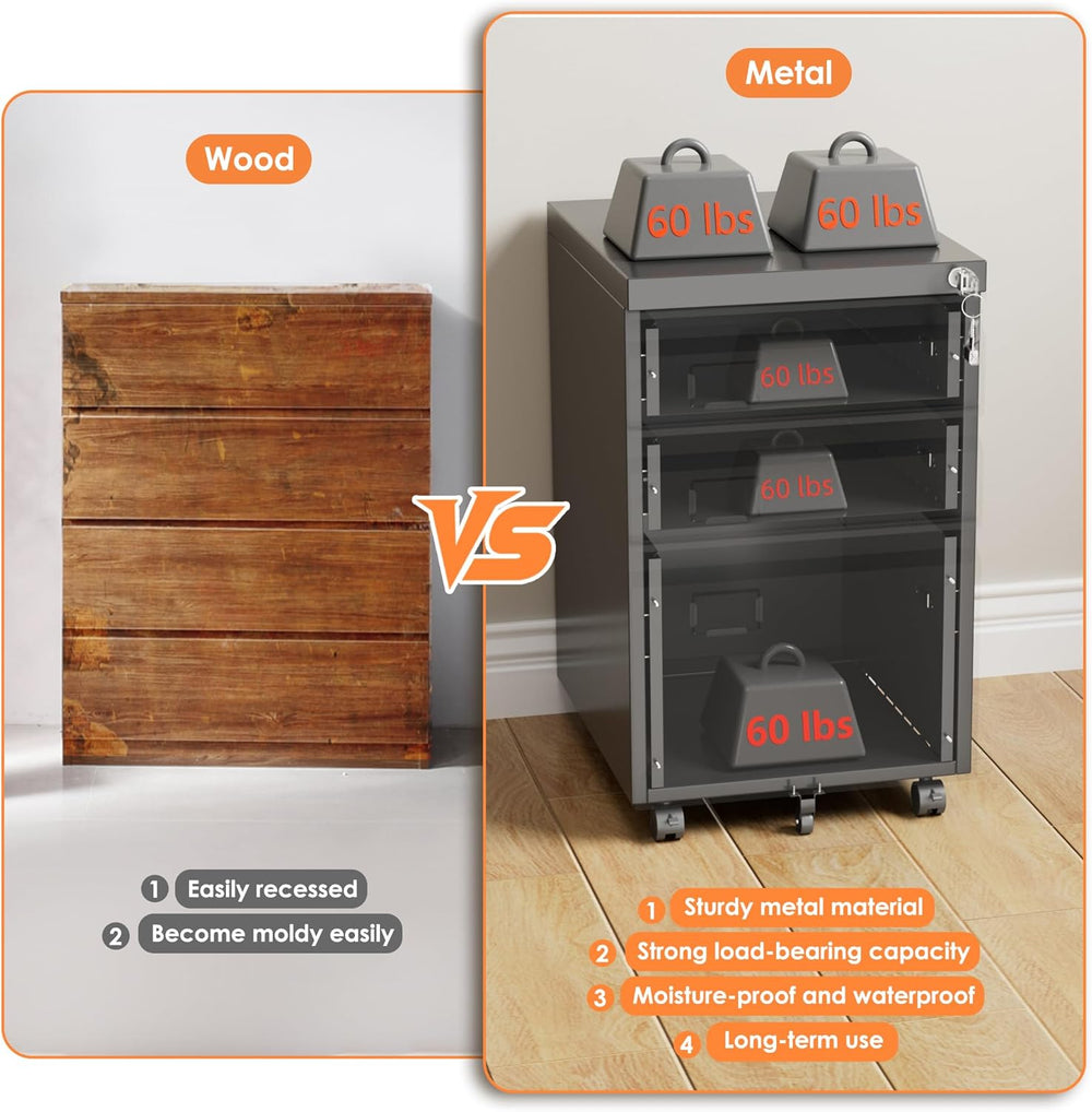 3 Drawer Metal File Cabinet with Wheels, Under Desk Rolling Filing Cabinet fo...