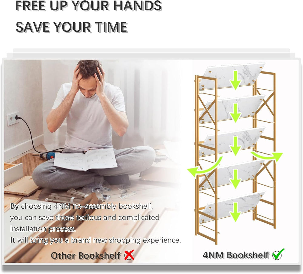 4NM 5 Tiers No Assembly Book Shelves, 51.2" H Folding Bookshelf Bookcase...