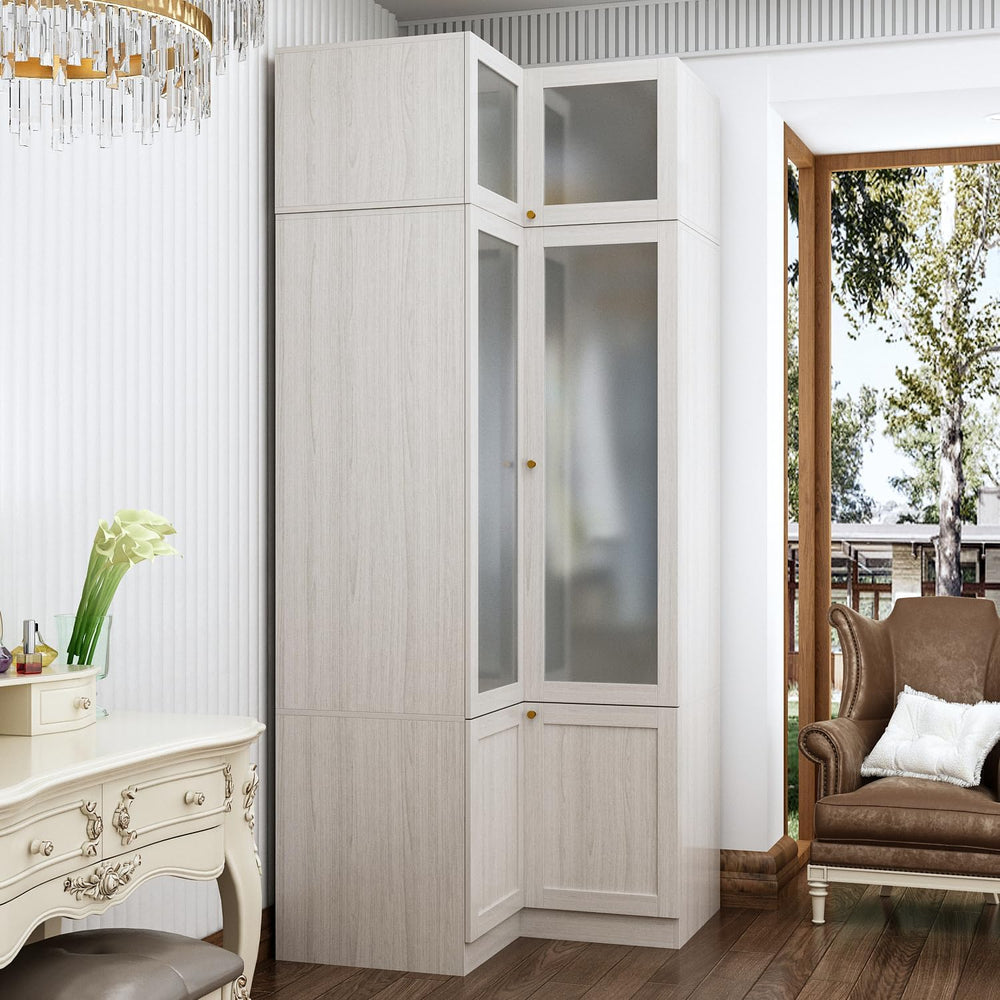 MOUMON Tall Corner Wardrobe, L-Shaped Modern Bedroom Armoires with Frosted Gl...