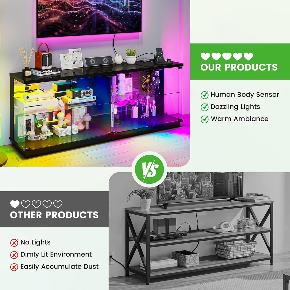 HNEBC 71" Glass TV Stands with Charging Station&Light for Living Roo...
