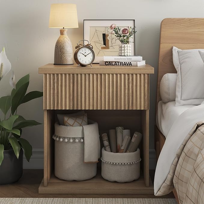Fluted Nightstand Set of 2, 22.8" Wide Nightstands with Drawer Storage L...