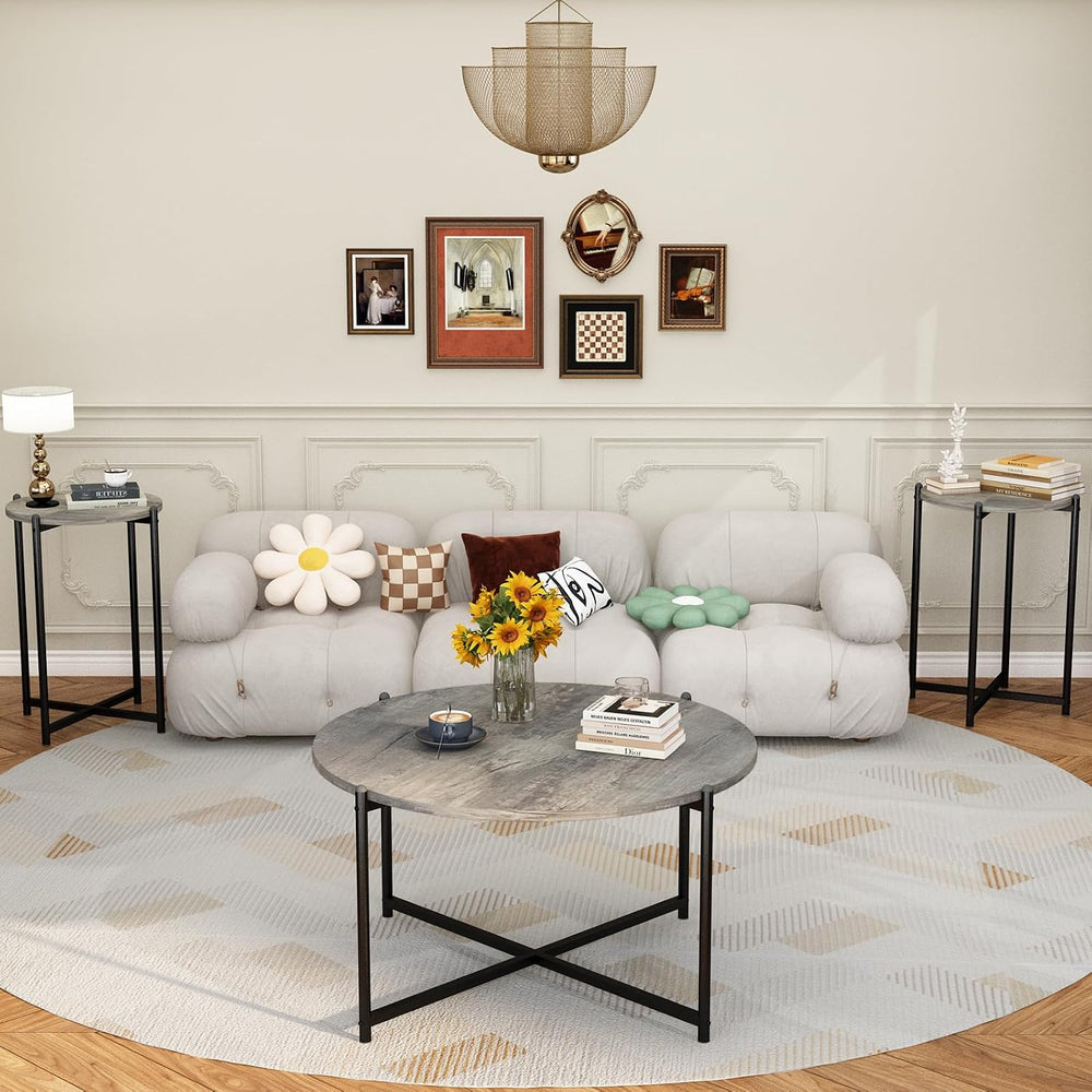 DKLGG Round Coffee Table Set of 3, Farmhouse Wooden Coffee Table and 2 End Ta...