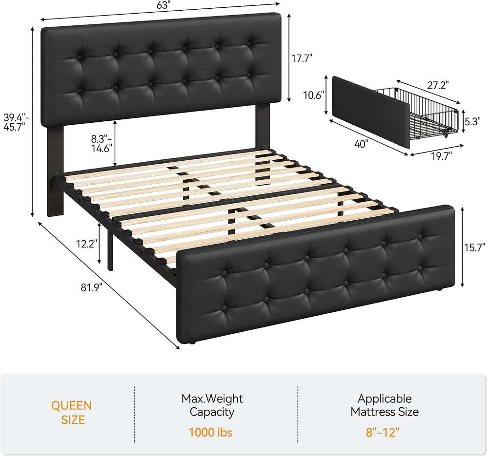 IDEALHOUSE Queen Size Bed Frame with 4 Storage Drawers and Headboard, Black