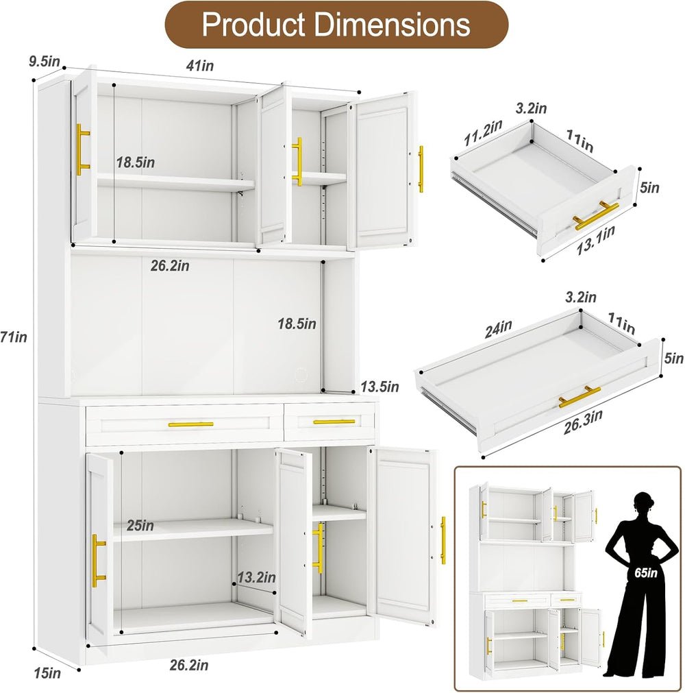 71" Metal Kitchen Pantry Cabinet with Countertop, 2 Drawers, 6 Doors, Wh...