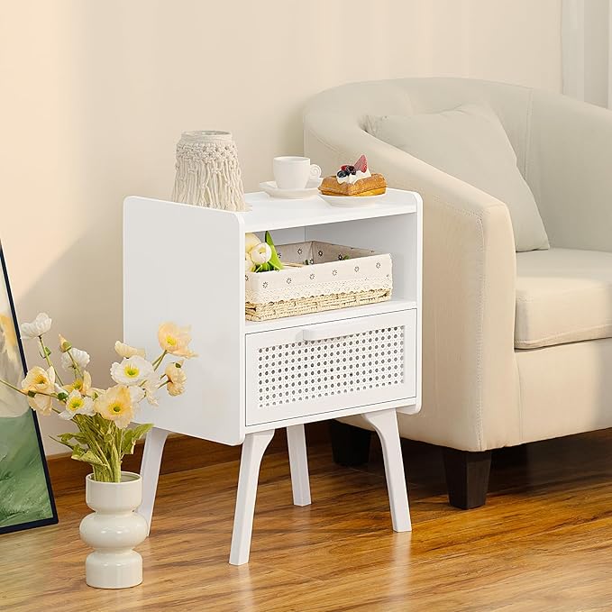 Lerliuo Rattan Nightstands Set of 2, Side Table with Drawer Open Shelf, Cane ...