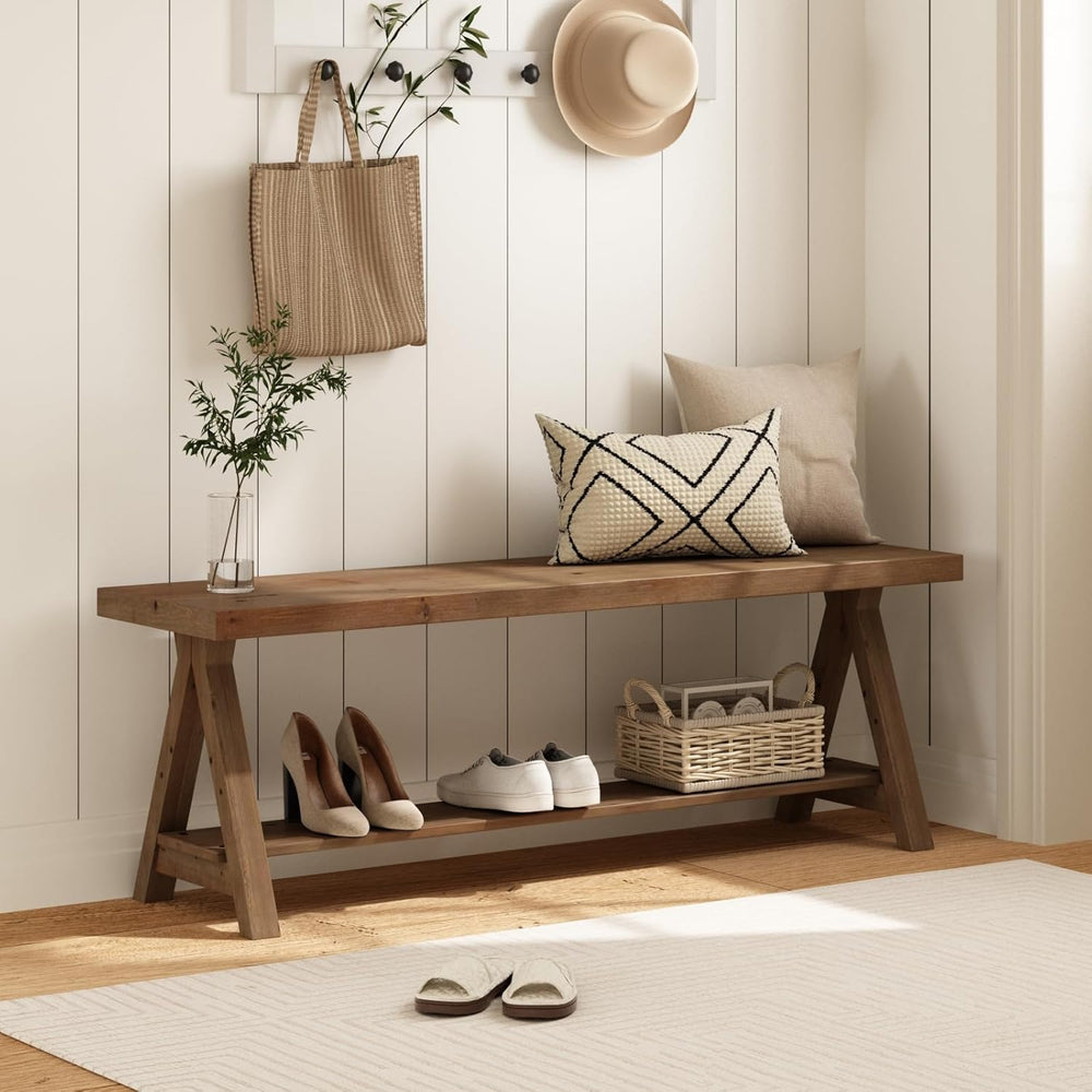 RowyPoey 51" Solid Wood Bench, Long Farmhouse Entryway Bench with Storag...