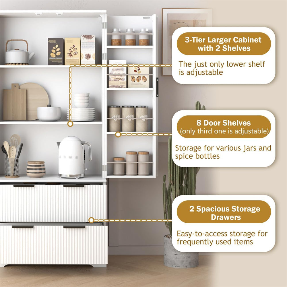 ZeHuoGe 72" Modern Fluted Kitchen Pantry Cabinet with 2 Large Drawers &a...