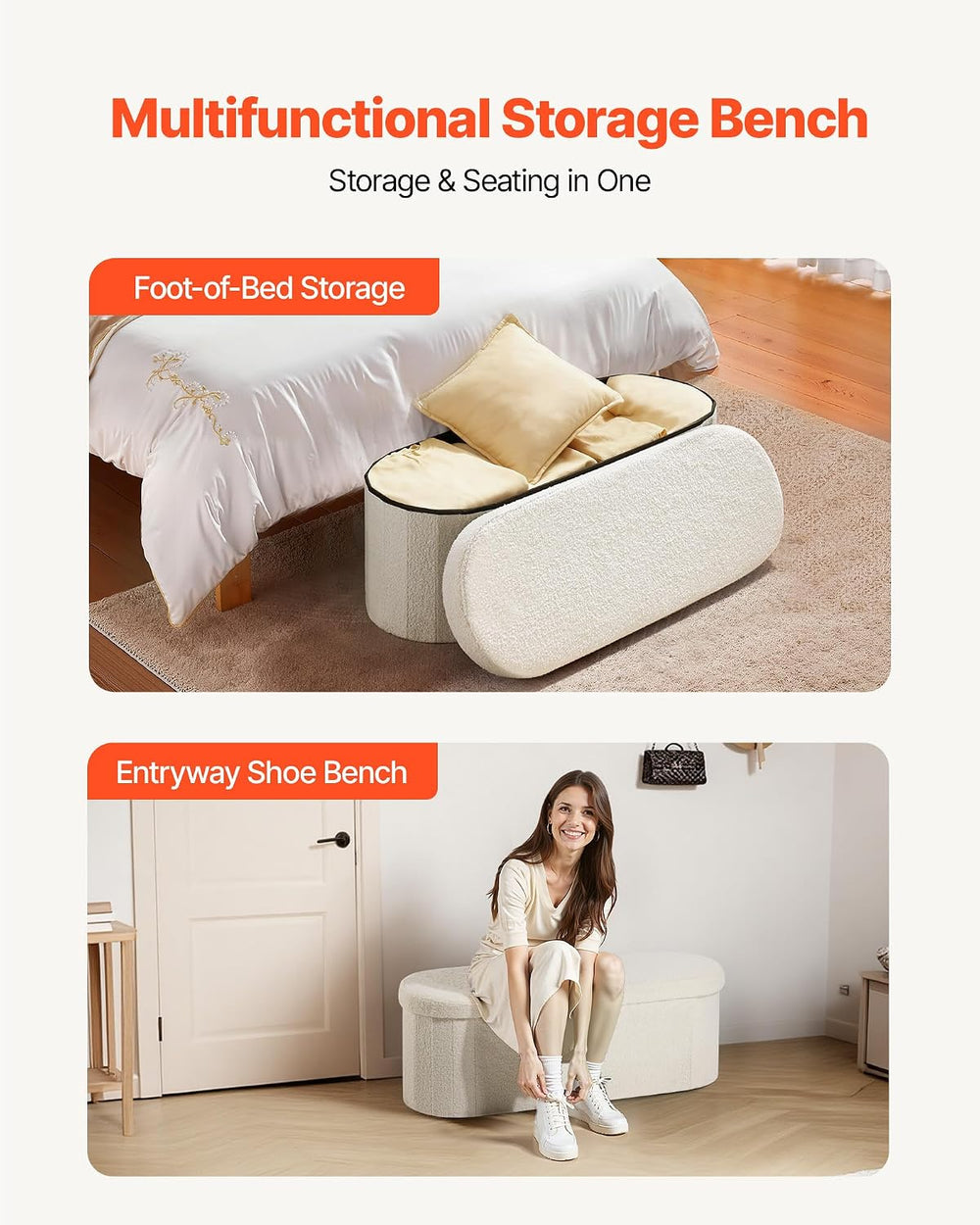 VEVOR Oval Storage Ottoman Bench, Foldable Teddy Fleece End of Bed Bench, Fol...