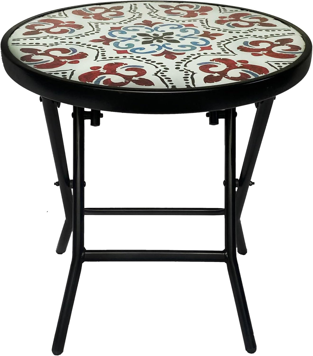 Backyard Expressions Folding Glass Patio Side Table-Mosaic Pattern-18 Inch