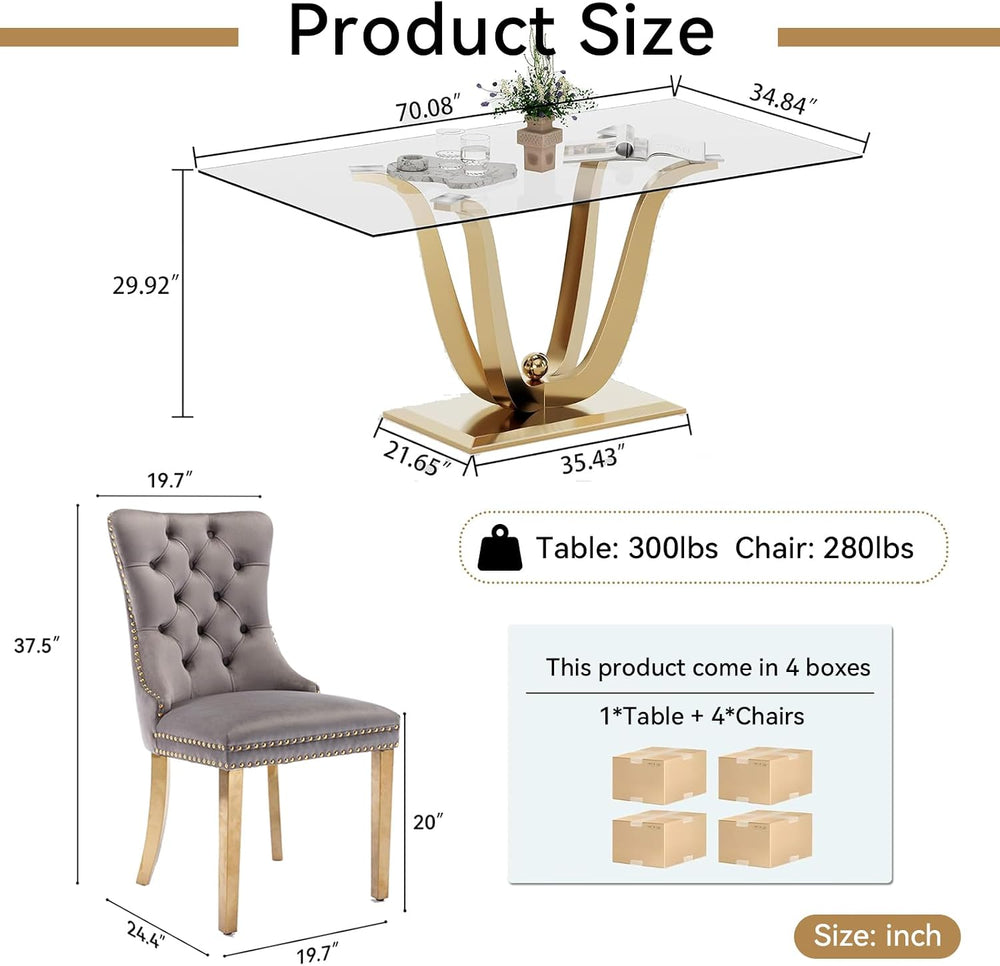 70" Modern Gold Glass Dining Table Set for 4, 5-Piece Rectangle Kitchen ...