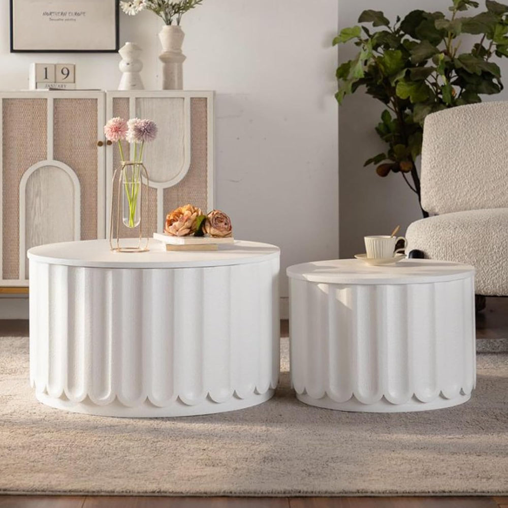 White Round Storage Table Set of 2 with Lift-Off Lid, Nesting End Table with ...