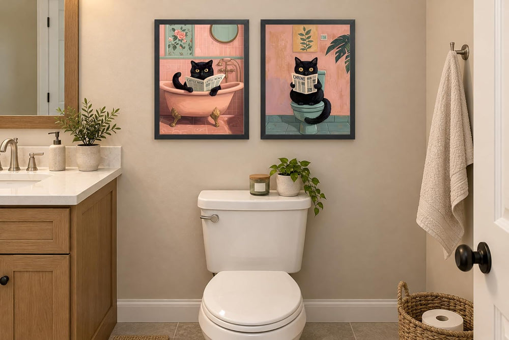 Funny Black Cat Bathroom Wall Art, Framed Set of 2, 12x16 in