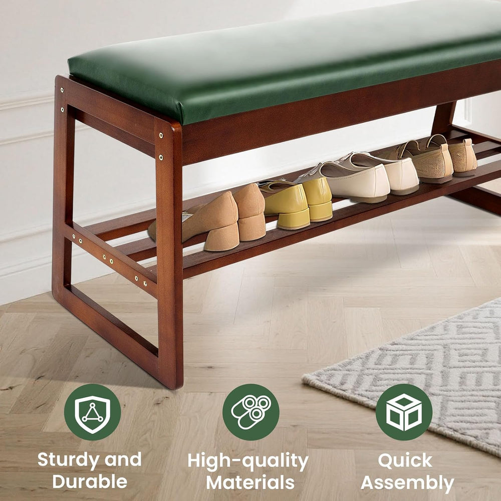 FAHKNS Shoe Bench with Leather Cushion 2 Tiers Shoe Rack 39.4" Rubberwoo...
