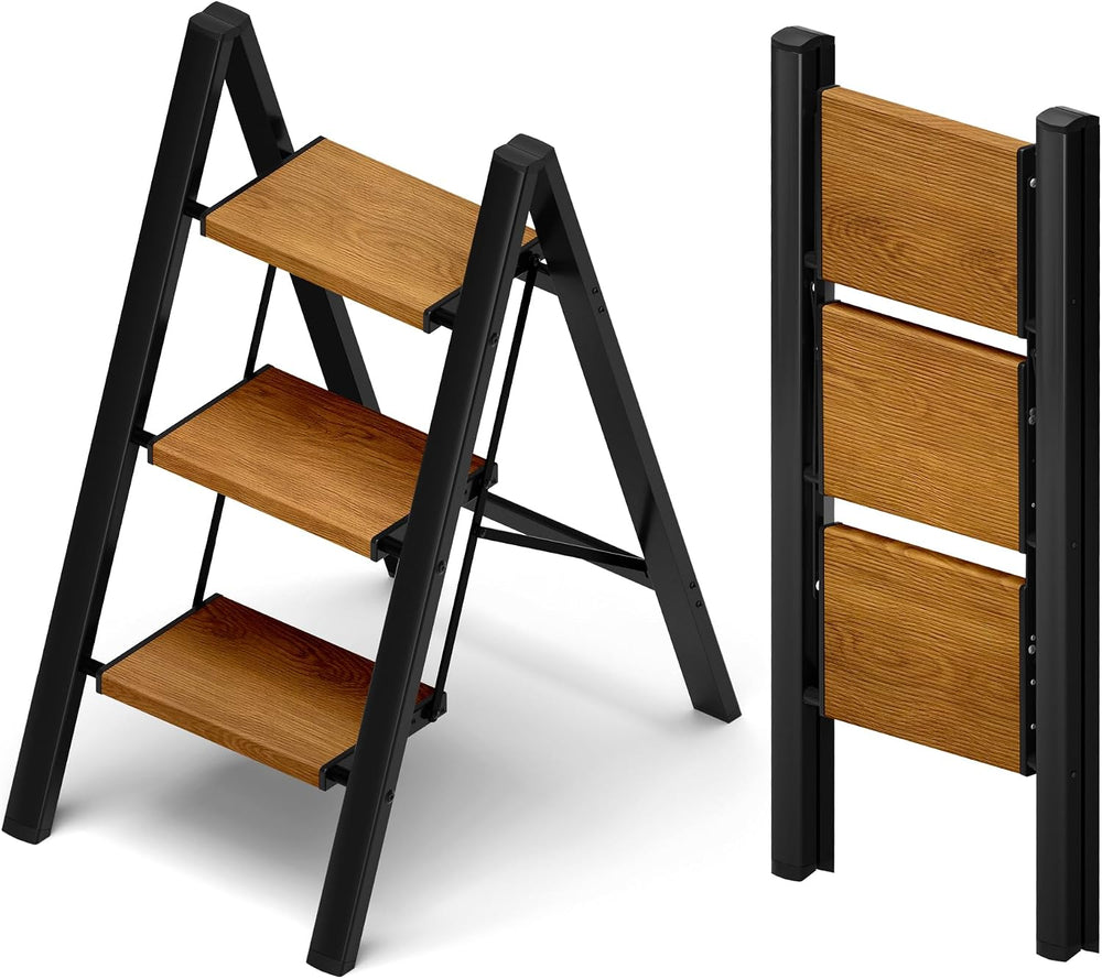 3 Step Stool Foldable,Aluminum Step Ladder-Blackwoodgrain