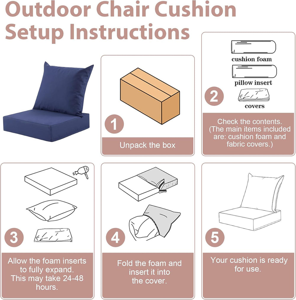 Outdoor Deep Seat Cushion Set, 24x24 Inch, Navy Blue, Set of 2