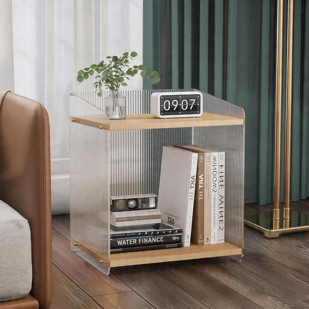 Acrylic and Wood End Table with 2-Tier Storage, Side Table for Couch Dinner C...