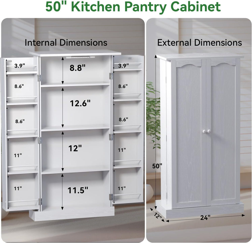 FJTJBSI 50" LED Kitchen Pantry Cabinet White Storage Cabinet Food Pantry...