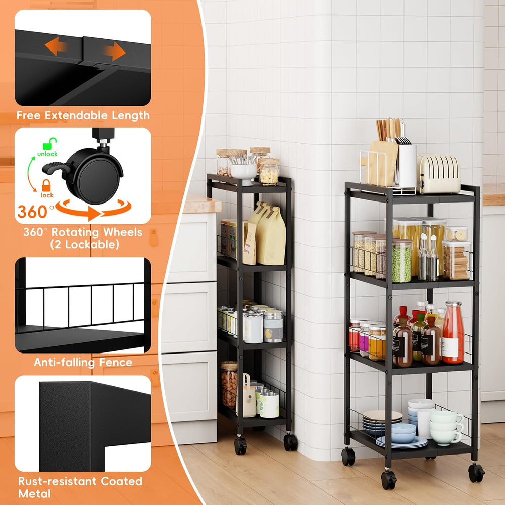 Expandable Slim Storage Cart with Wheels, 4 Tier Narrow Metal Rolling Utility...