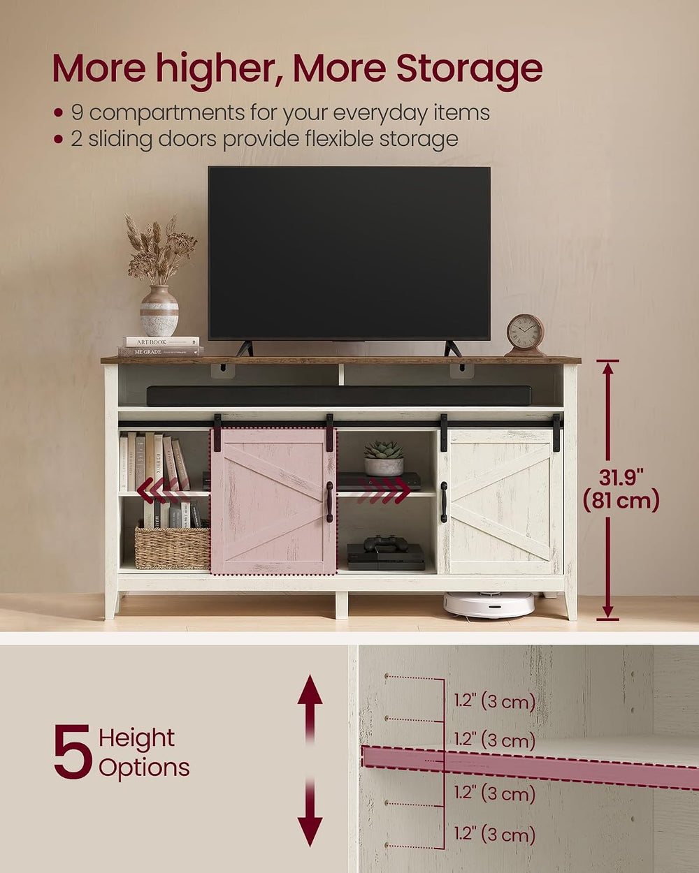 VASAGLE Tall Farmhouse TV Stand, Entertainment Center with Barn Doors, Storag...