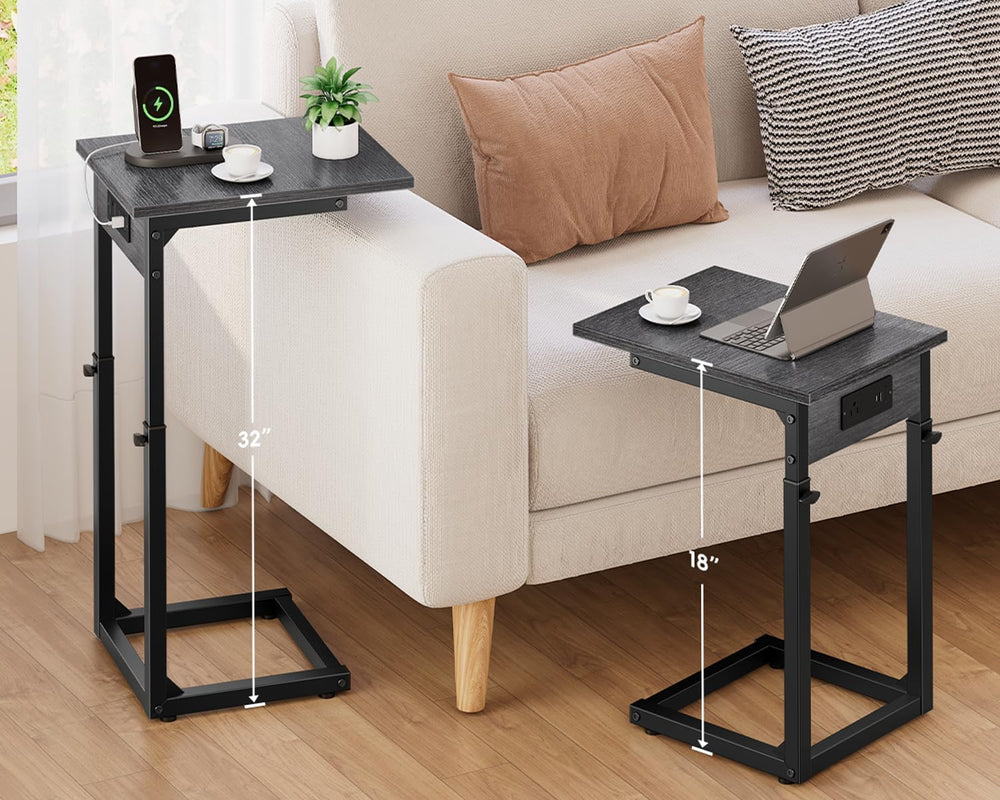 Vagusicc C Shaped End Table with Charging Station, 33" Tall Side Table f...