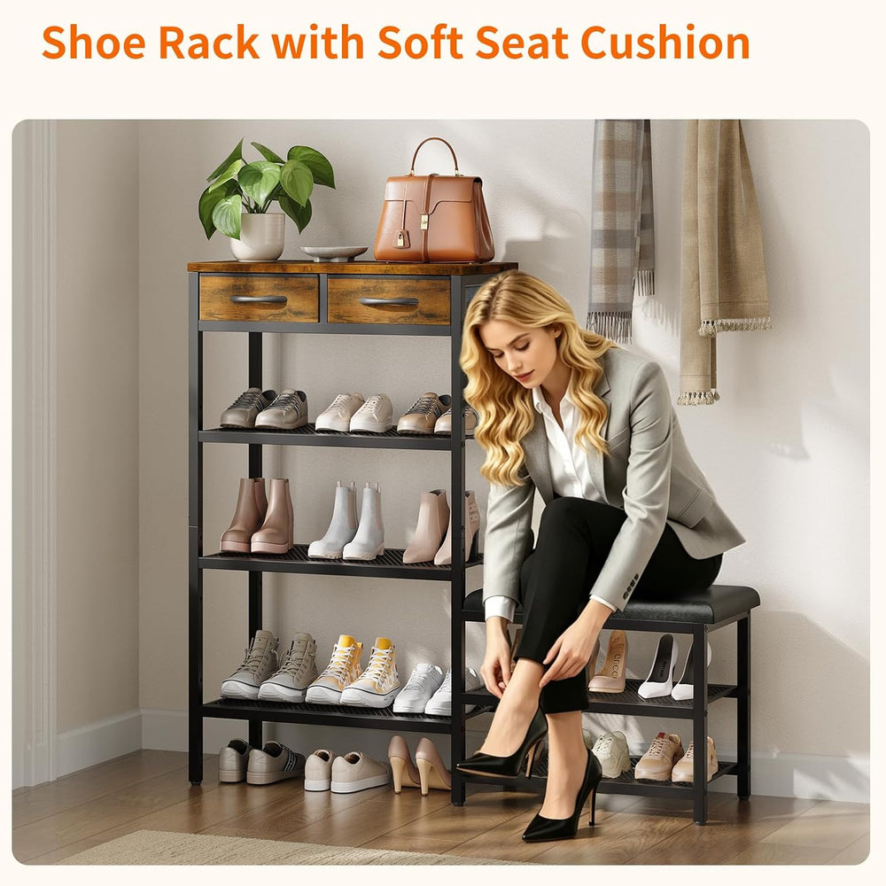 HavenlyYouth Shoe Rack Bench Cushioned with 2 Drawers & 5-Tier Entryway O...