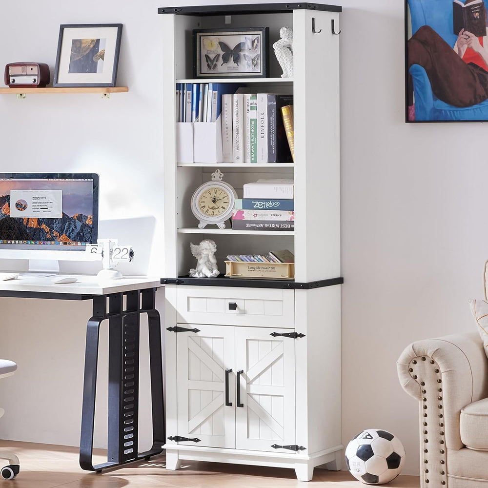 Joaxswe 72in Tall Bookshelf 7 Tier Bookcase with Drawer and Barn Doors and Ad...