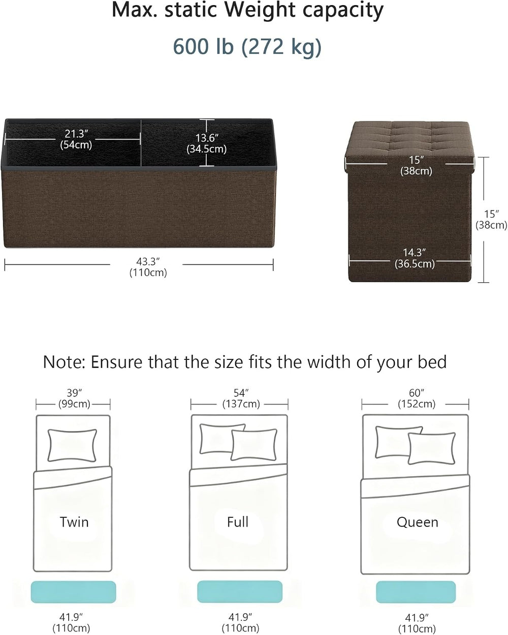 GLAXYFUR 43 Inches Folding Storage Ottoman Bench, Storage Chest, Brown | Otto...