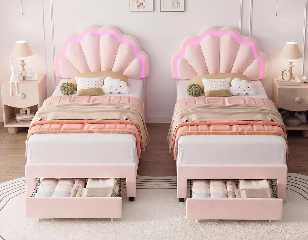 Girls Twin Upholstered LED Bed Frame with Petal Headboard & Storage, Pink