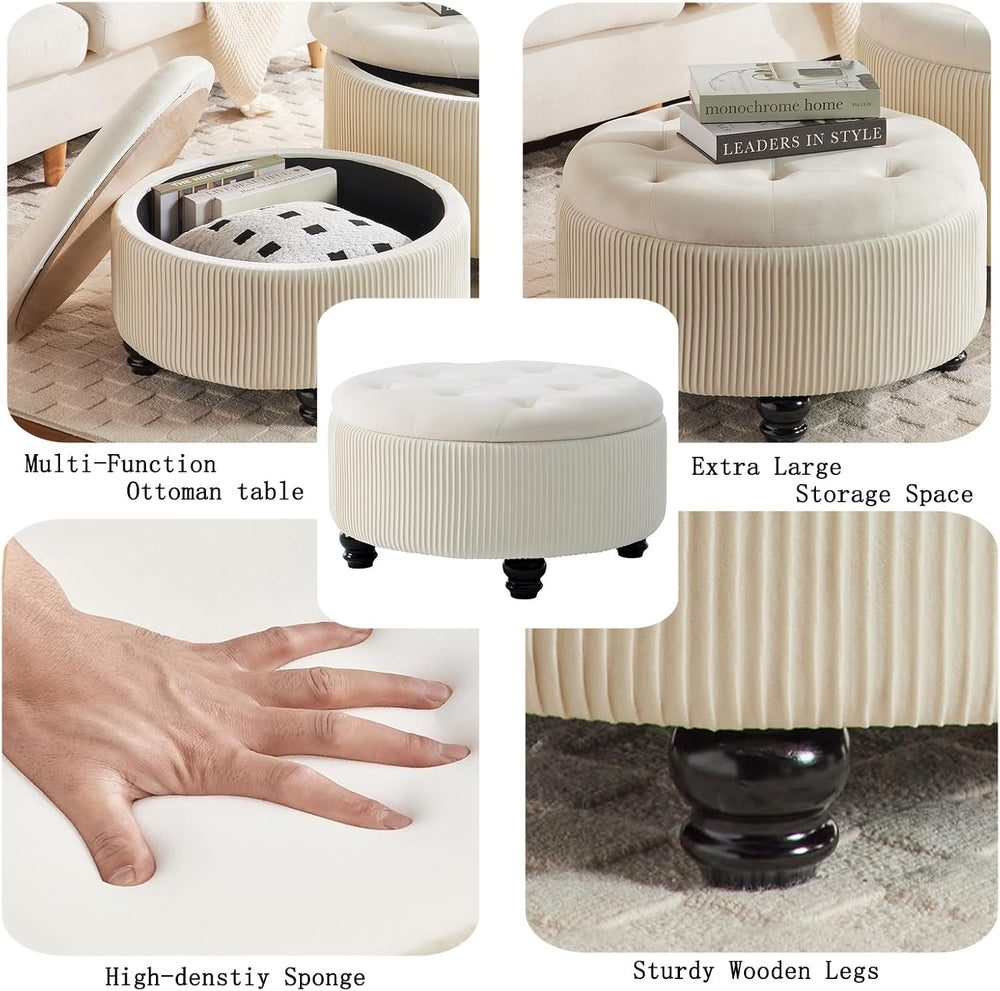 24Inch White Round Storage Ottoman, Upholstered Coffee Table | Modern Tufted ...