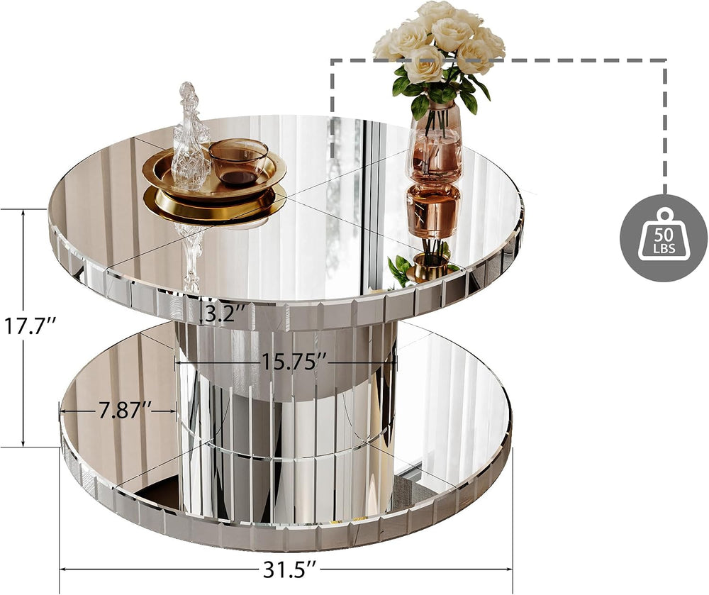 Double Tier Luxury Round Mirror Coffee End Table with Glass 31.5" Diamet...