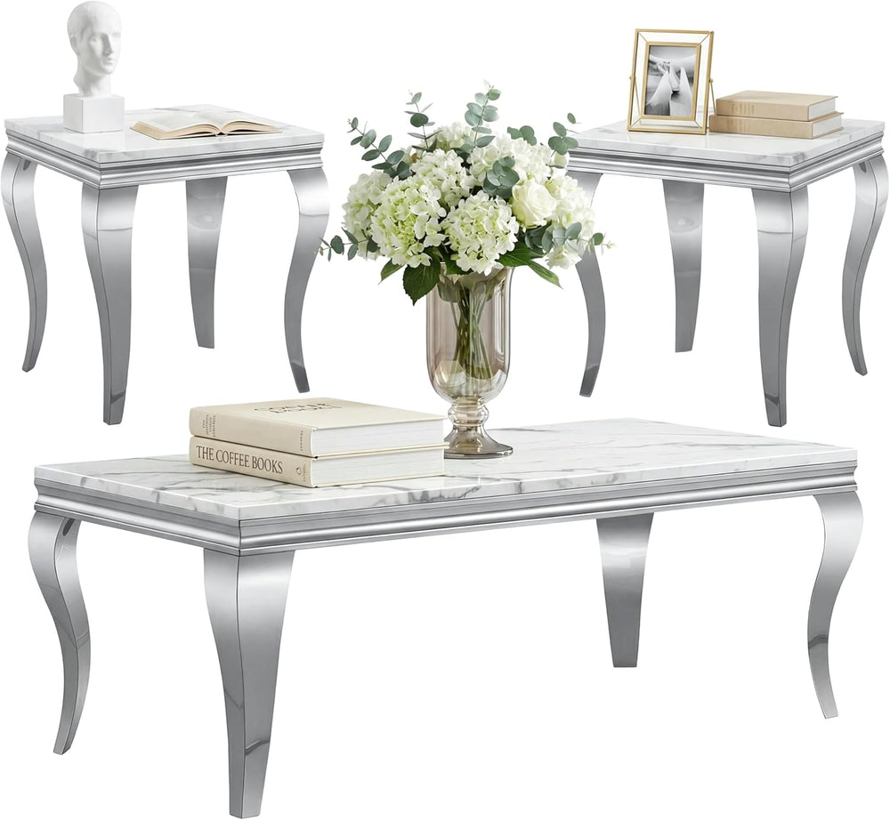 Luxury Modern Faux Marble Coffee Table Set of 3 – White MDF Marble Top with S...