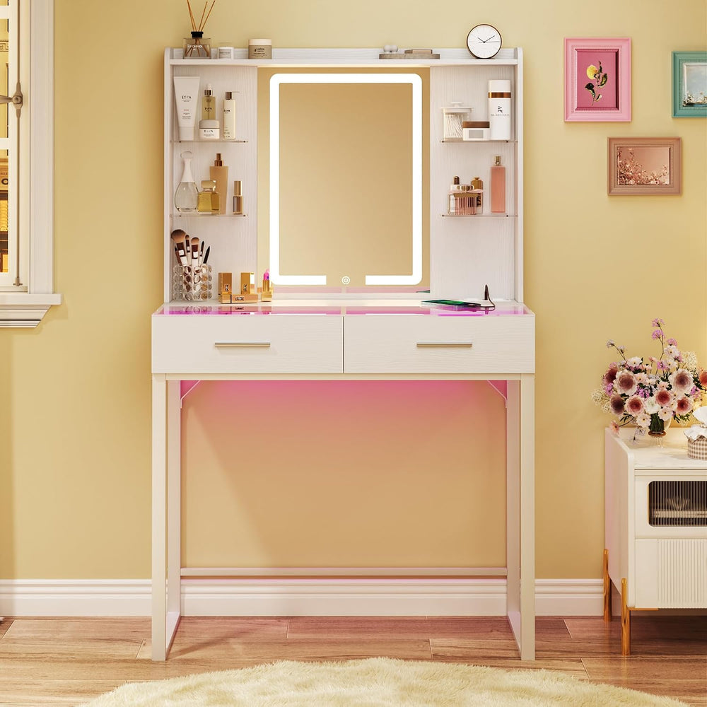 HUAHUU Vanity Desk with Mirror and LED Lights, 31" Small Makeup Vanity w...