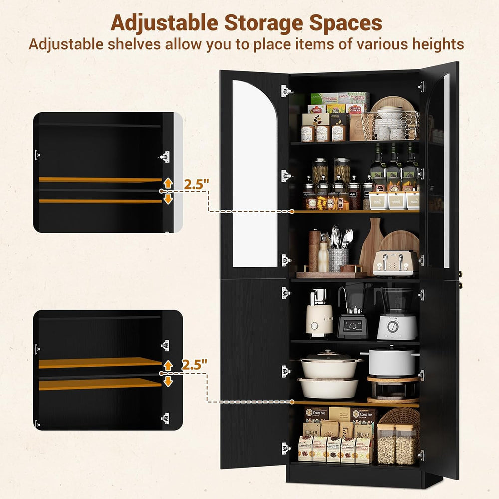 Cyclysio 80" Tall Kitchen Pantry, Wide Arch Storage Cabinets with 4 Glas...