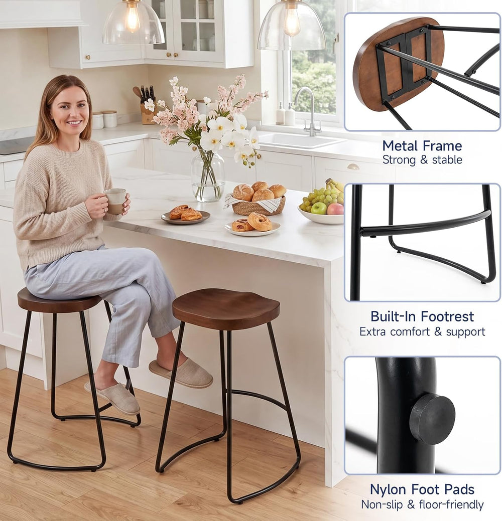 Bar Stools Set of 2, 24'' Counter Height Rustic Wooden Saddle Seat Wa...