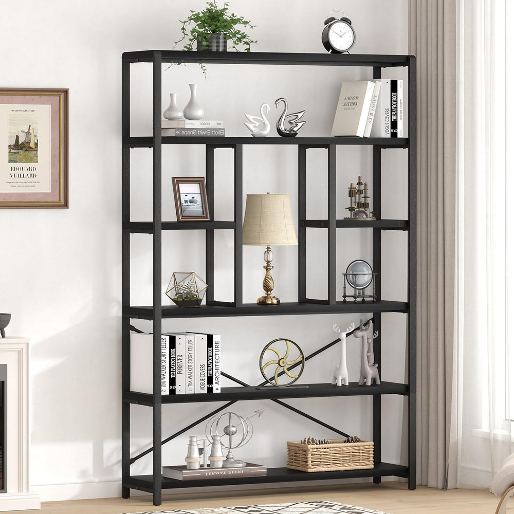 LVB 6 Tier Industrial Bookshelf for Bedroom Living Room Office, Black Oak