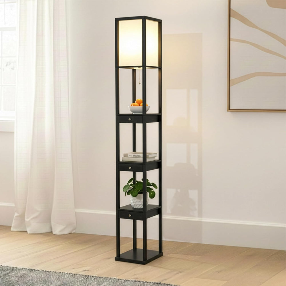 Brightech Maxwell Drawer Edition - Modern Shelf Floor Lamp with Drawer - Corn...
