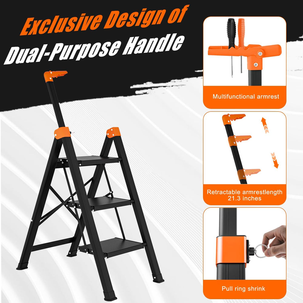 3 Step Ladder with Single Handrail, Retractable Handle 3 Folding Step Stool