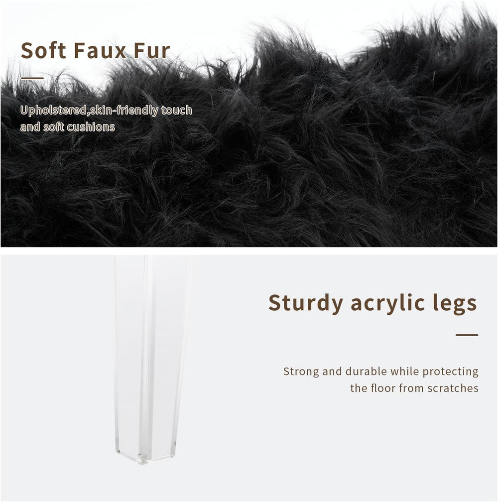 Modern Black Faux Fur Ottoman Bench - Upholstered Furry Bench with Acrylic Le...
