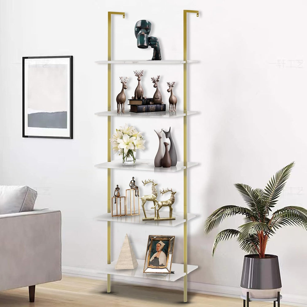 aboxoo Ladder Shelf White Marble Bookshelf 5-Tier Wall-Mounted Wood Rack Indu...