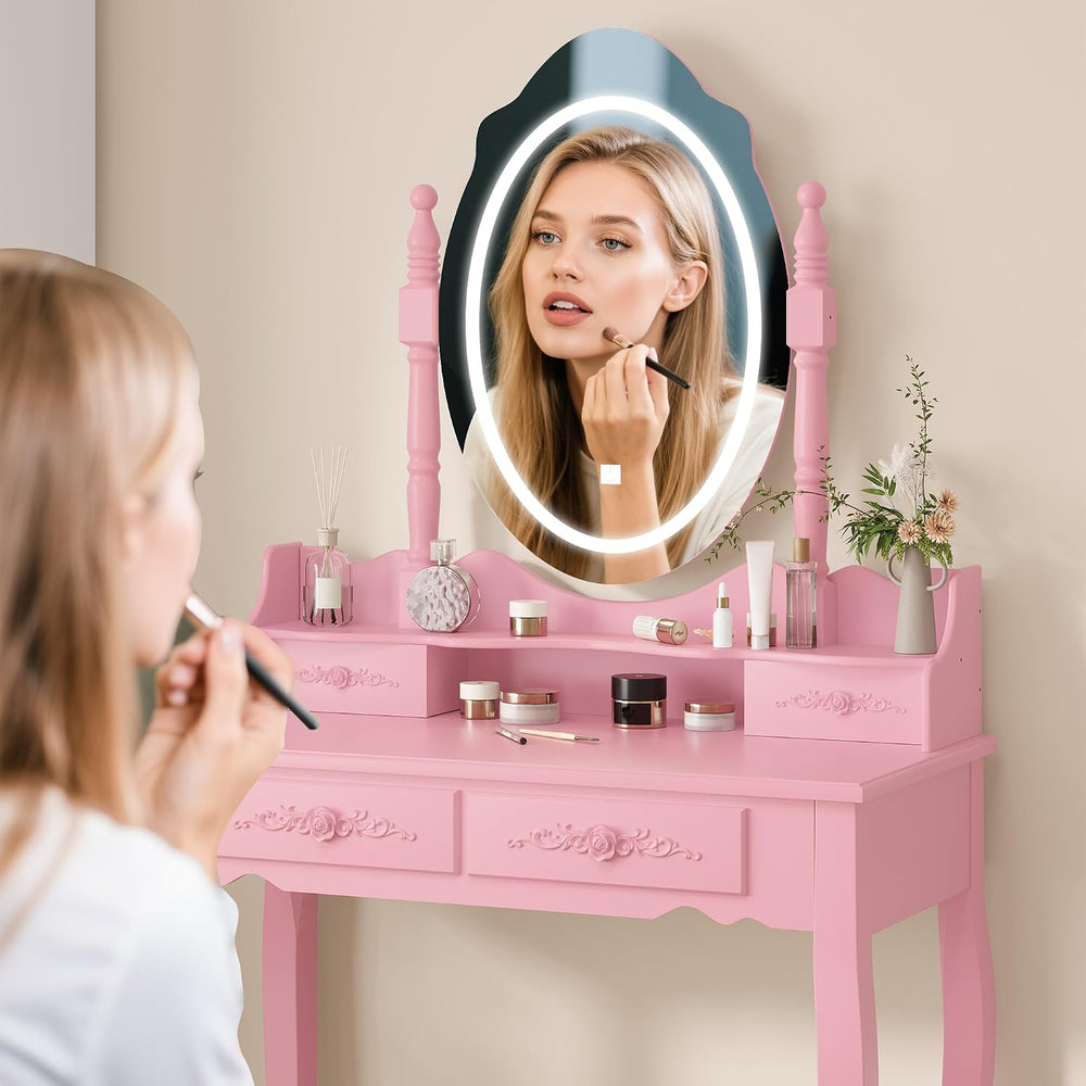 Vanity Desk with Mirror and Lights, Makeup Table with Cushioned Stool Set | M...
