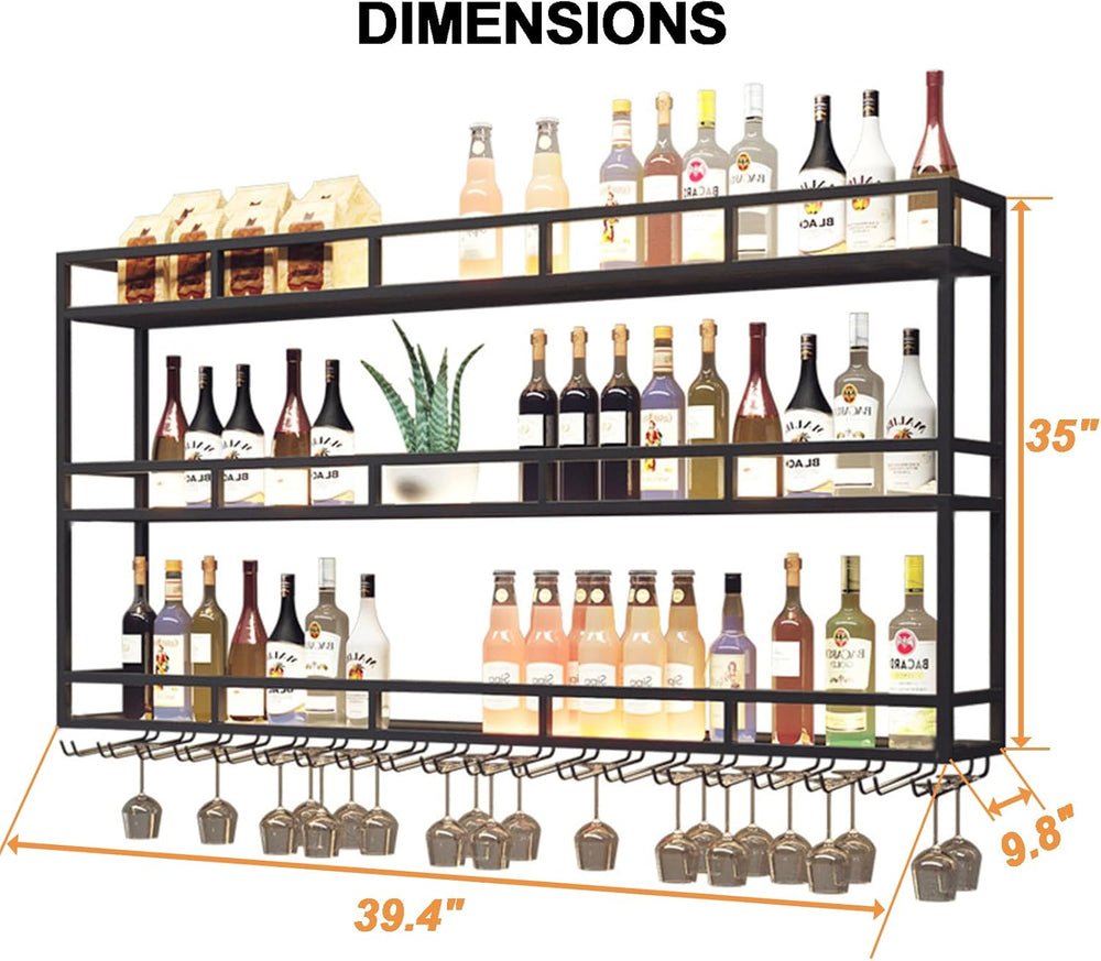 Large Heavy Duty 39in Wine Rack with LED Wall Mounted Bottle Glass Holder Und...