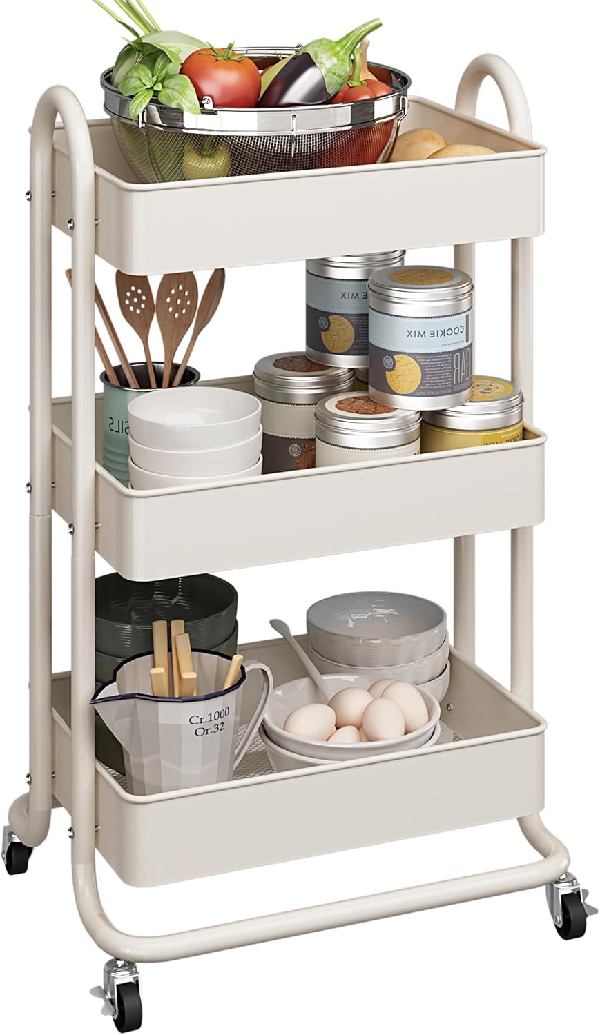 MIOCASA 3-Tier Metal Utility Rolling Cart, Heavy Duty Multifunction Cart with...