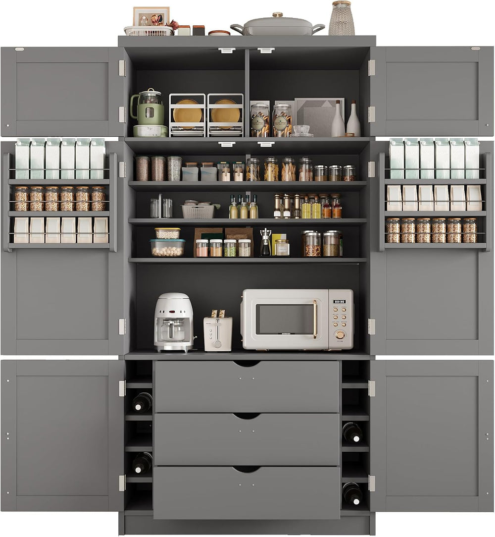 Kitchen Pantry Cabinet, Freestanding Tall Cupboard Storage Cabinet with Power...