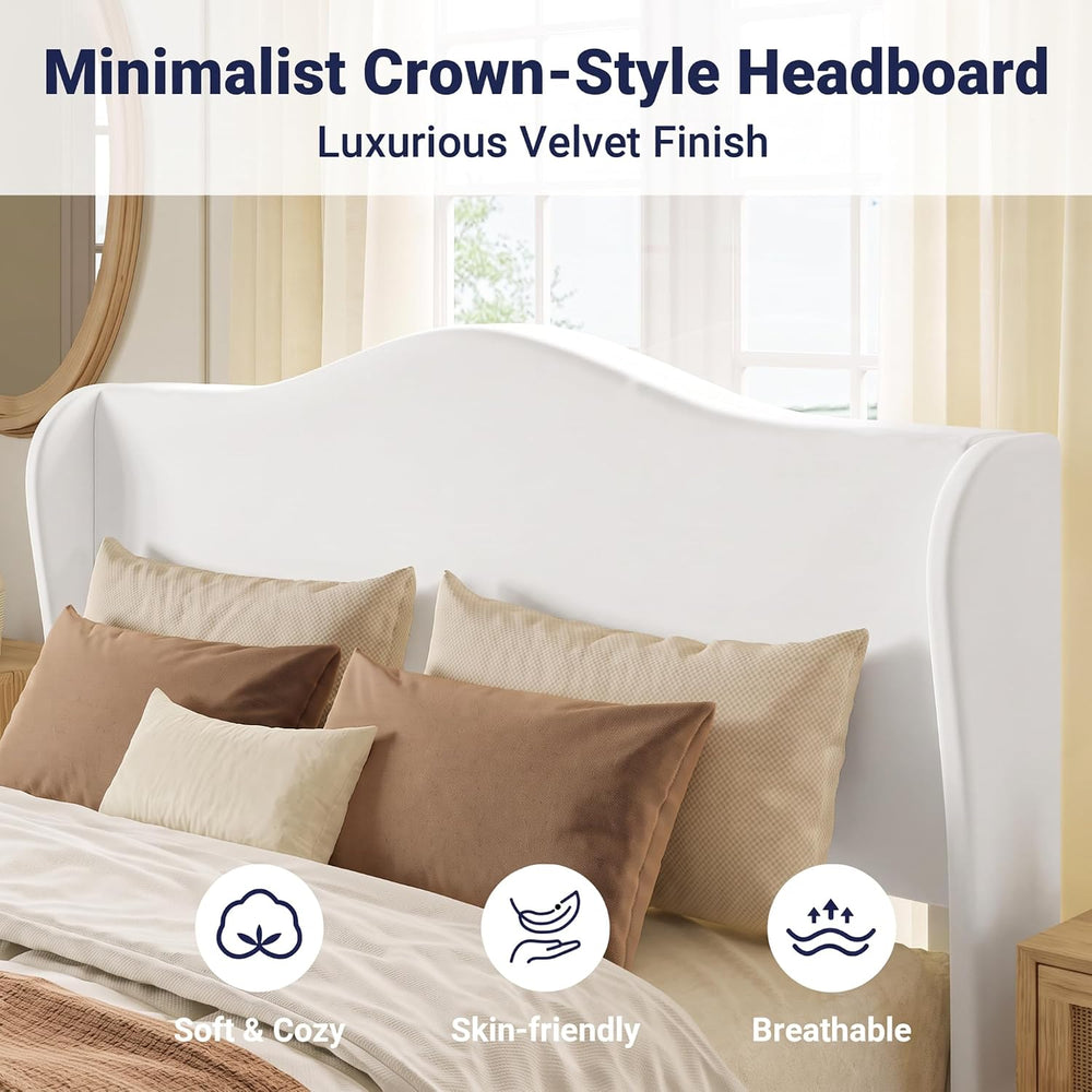 Allewie King Size Bed Frame, Plush Velvet Wingback, Modern Style, White