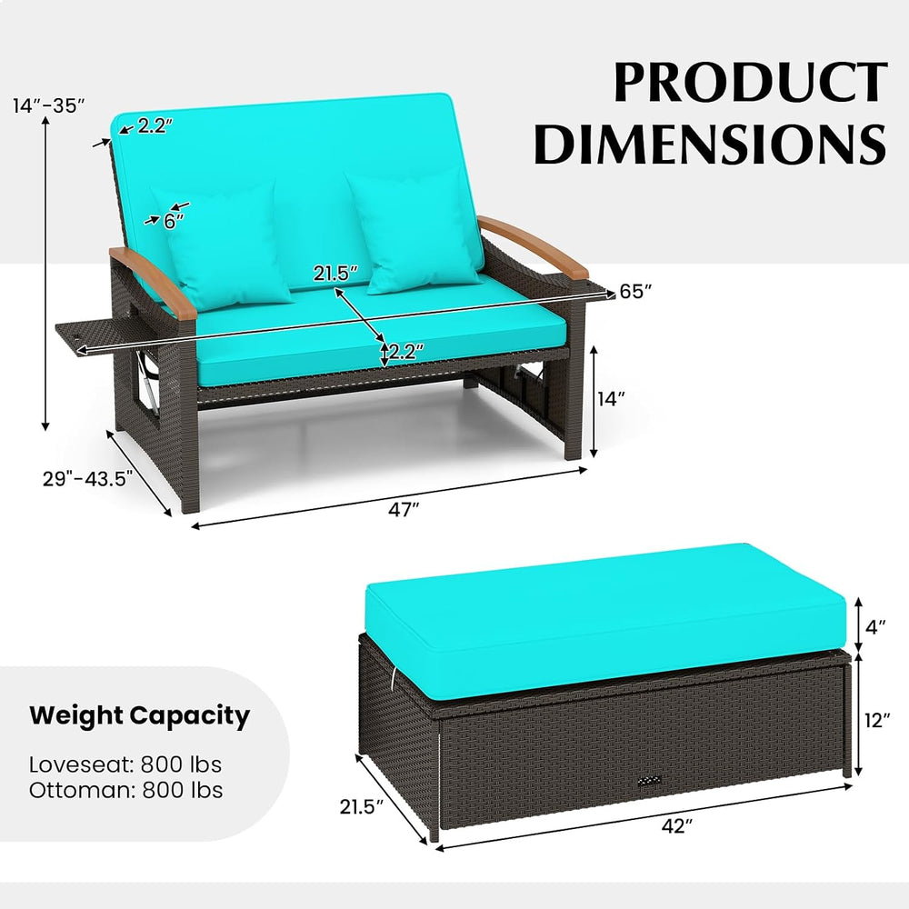 Moccha Outdoor Wicker Daybed, Patio Rattan Loveseat Sofa w/ 4-Level Adjustabl...