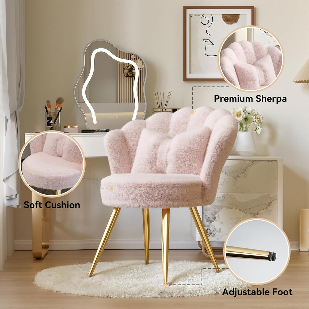 Plush Sherpa Accent Chair with Gold Metal Legs, Fluffy Vanity Chair for Makeu...