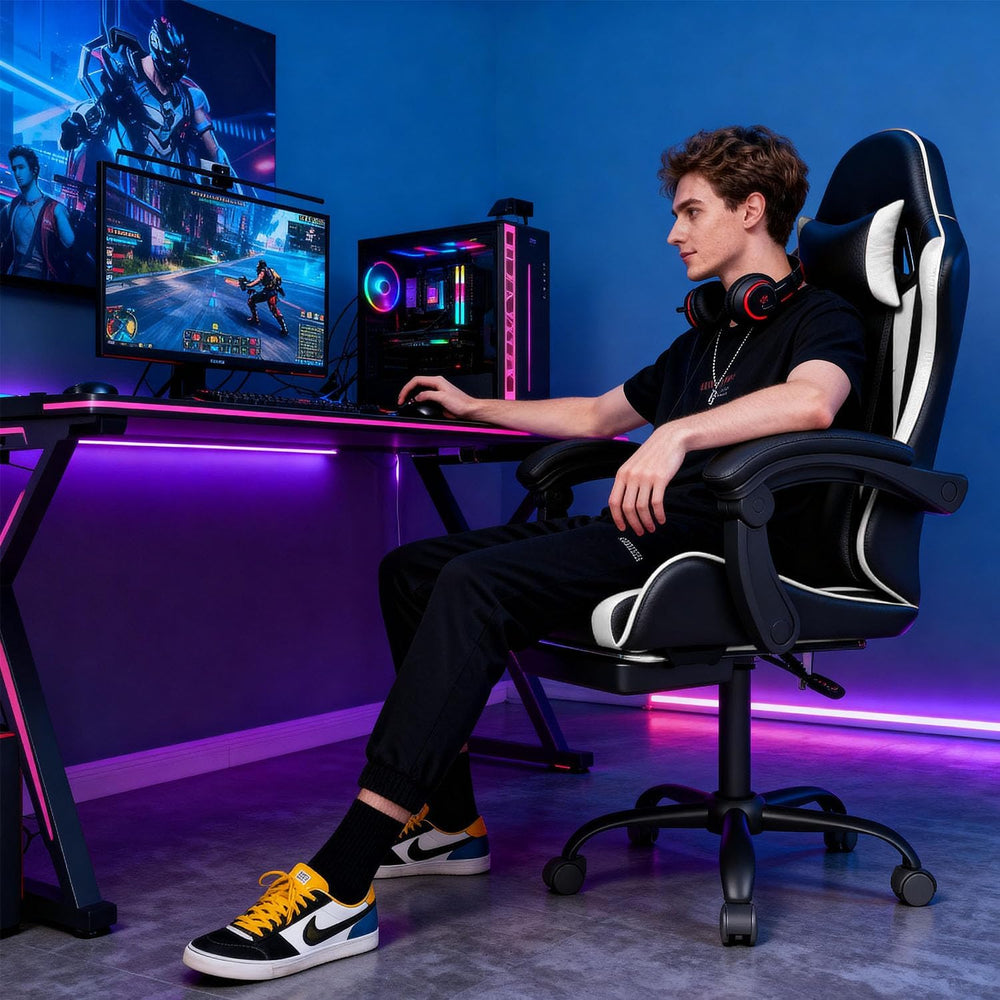 OS MOTOR Gaming Chair with Headrest and Lumbar Support, White | Ergonomic Hig...