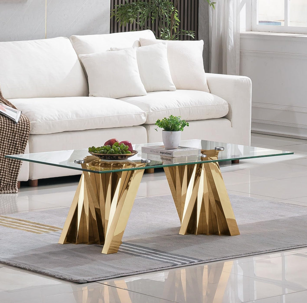 3 Piece Gold Living Room Table Set, Rectangular Modern Glass Coffee Table, Co...