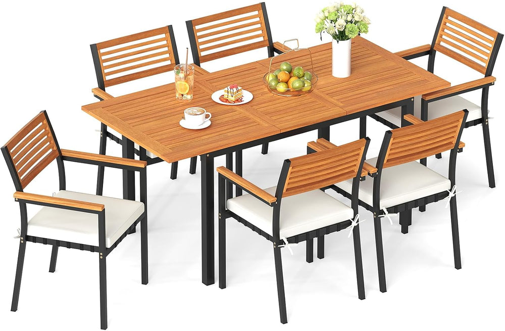 Tangkula 7 Piece Acacia Wood Outdoor Dining Set with 6 Stackable Armchairs