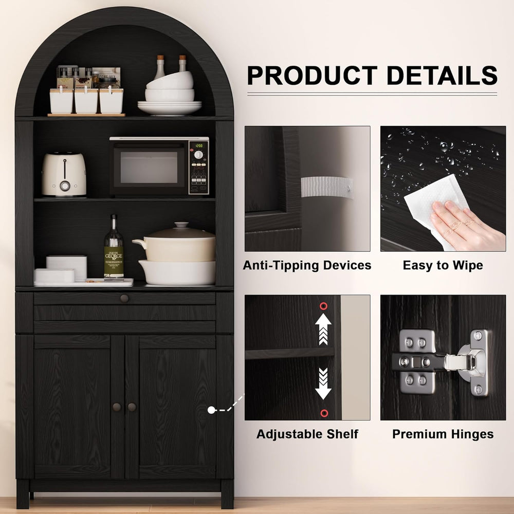 Arched Pantry Cabinet, 71" Kitchen Pantry Cabinet with Smooth Gliding Dr...